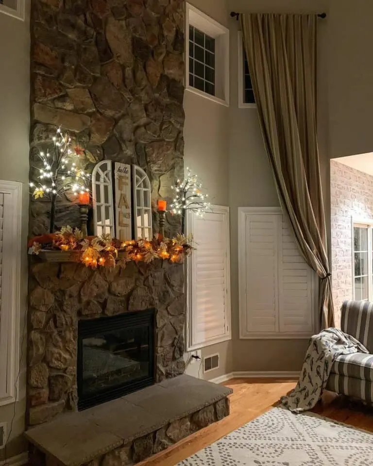 Autumn Leaf Garland on Stone Fireplace