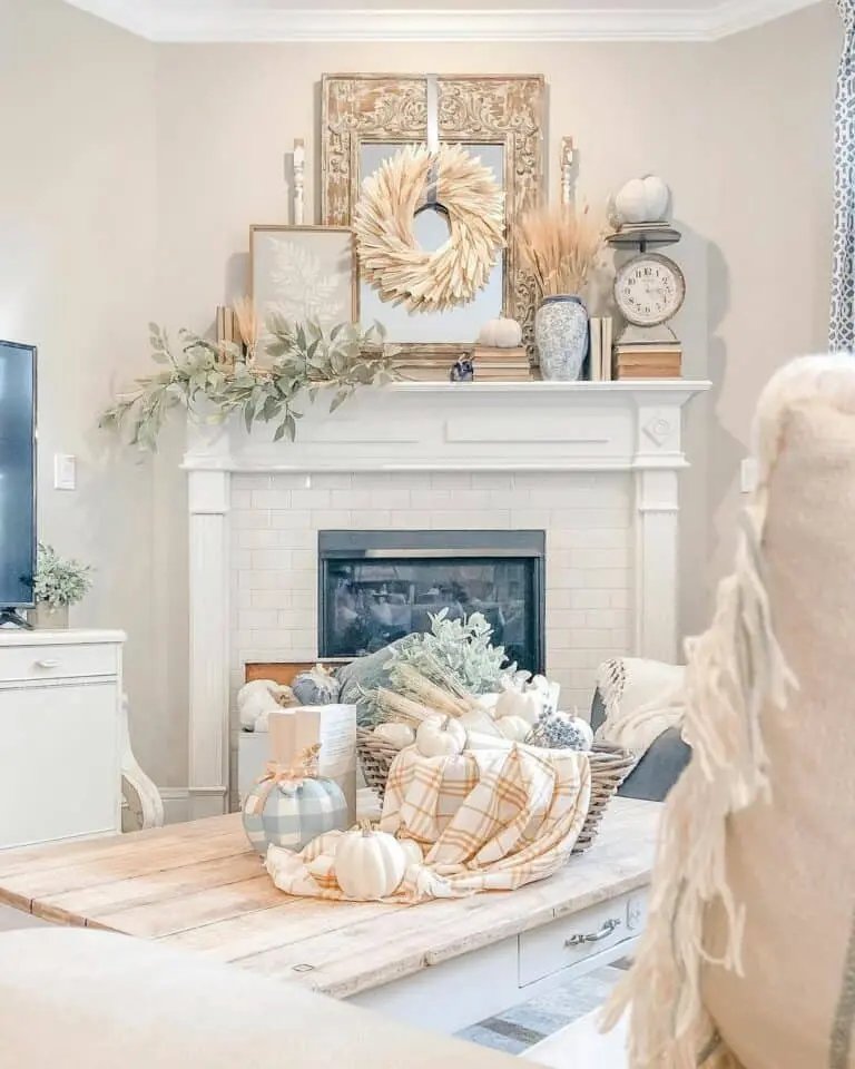 Beige Fall Décor on White Fireplace