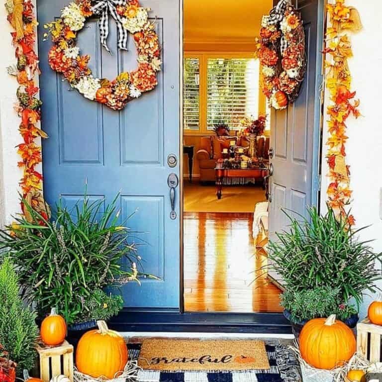Blue French Doors with Fall Wreaths
