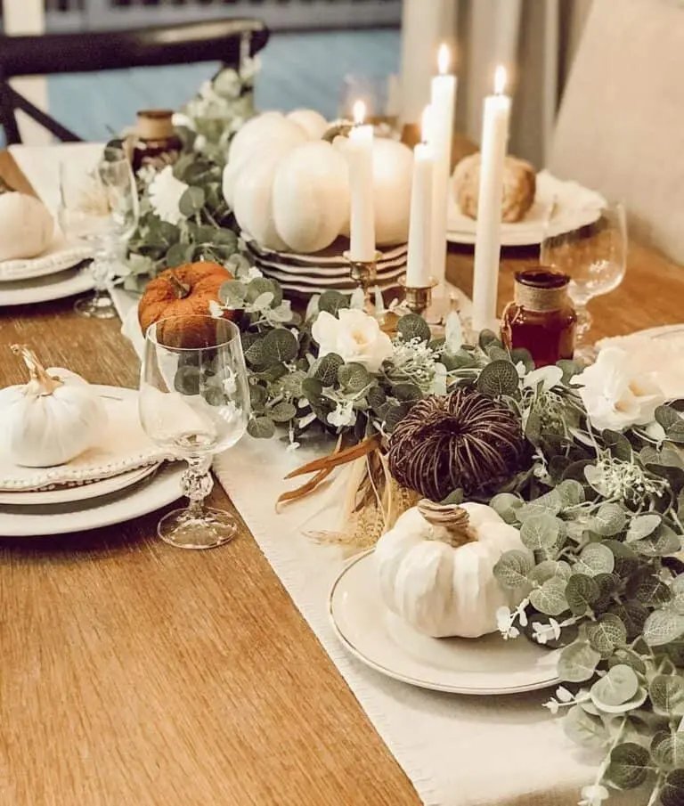Cream Table Runner and Pumpkins