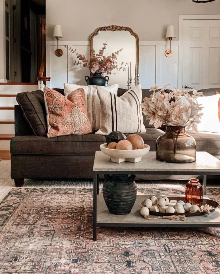 Dark Brown Sofa with Fall Decor