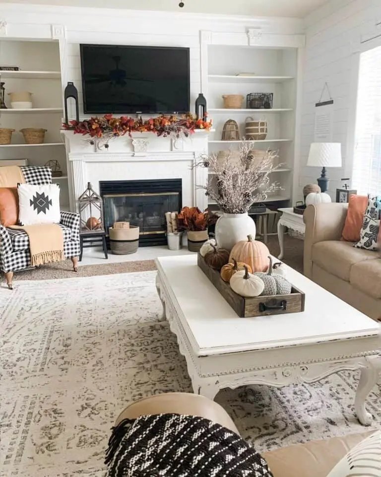 Farmhouse Shelves with Tan Baskets
