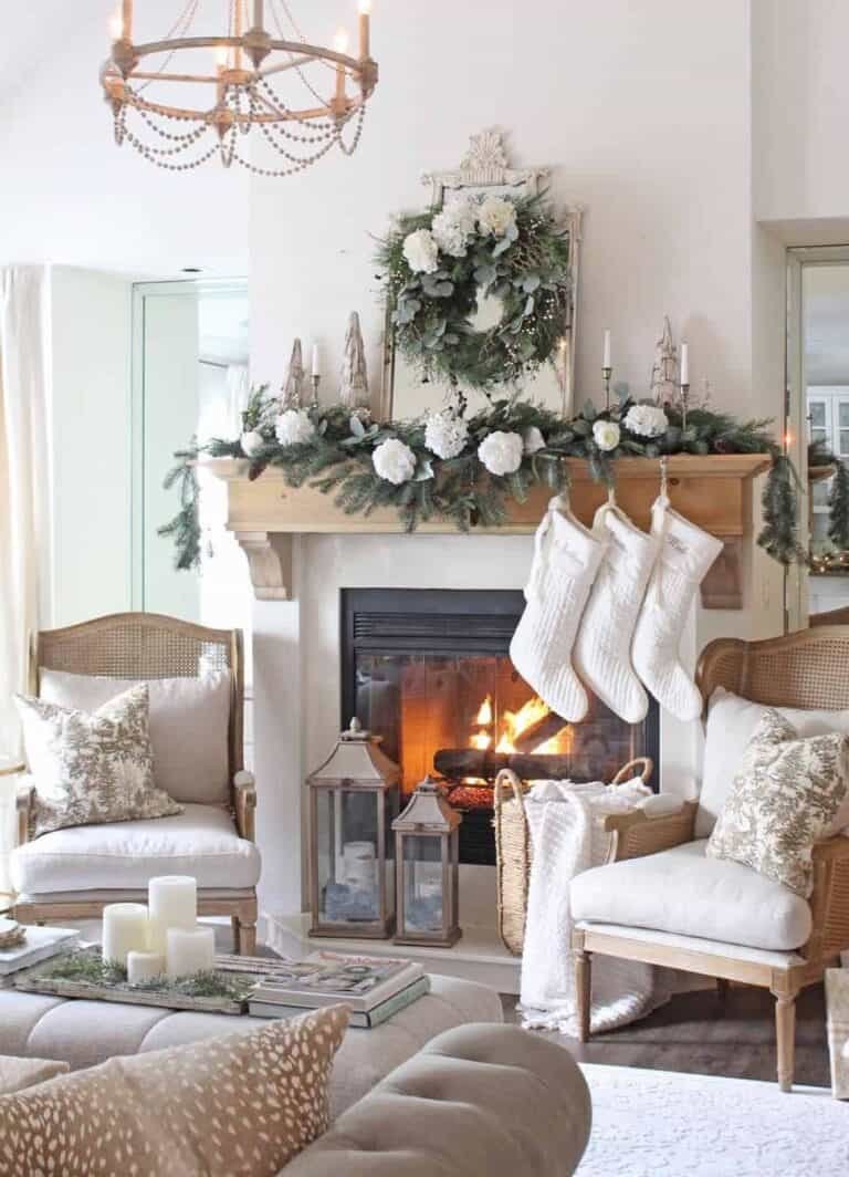 Light Wood Mantel with Flowers