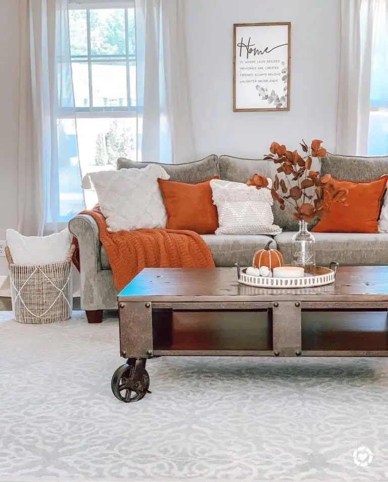 Neutral Living Room, Orange Accents