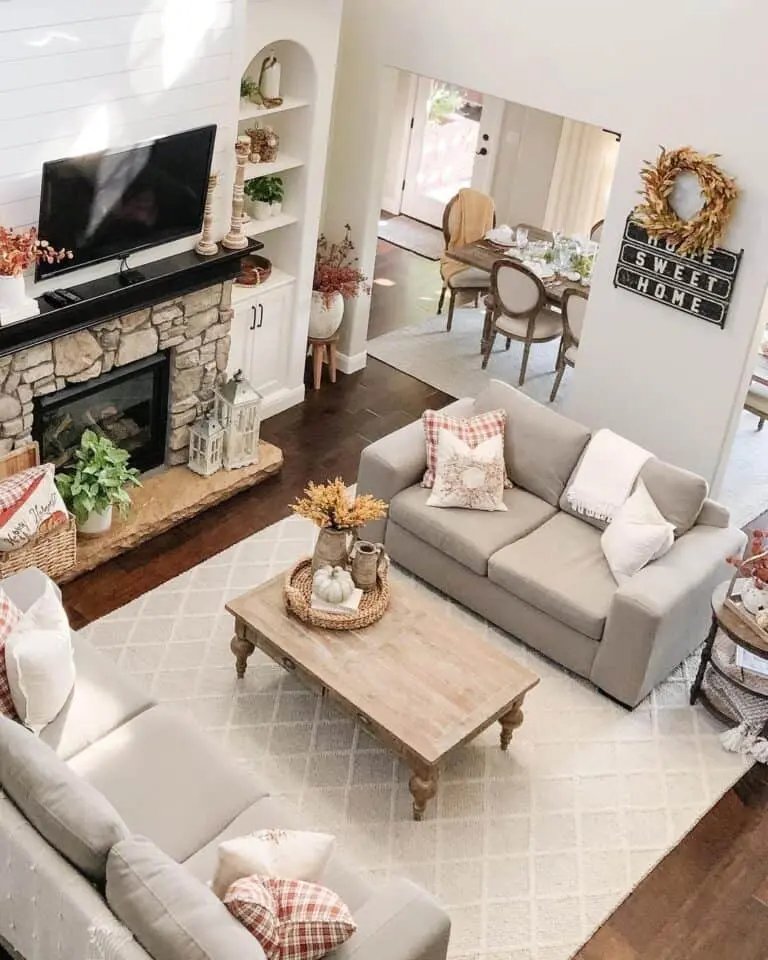 Orange Decor in Farmhouse Living Room