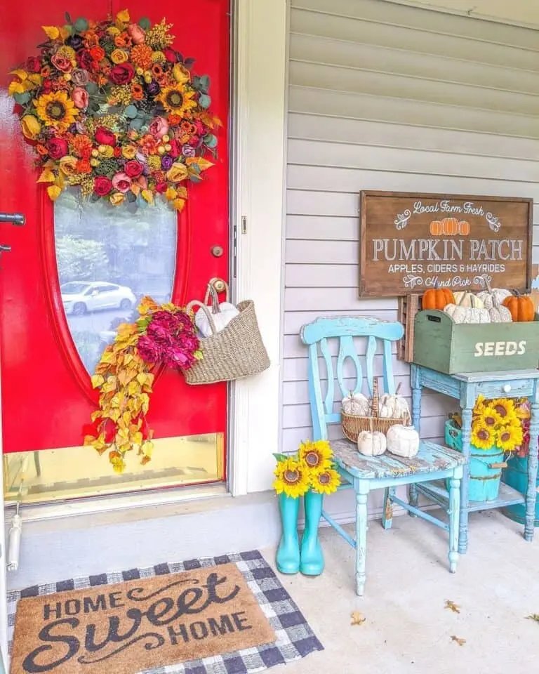 Red Door with Floral Wreath