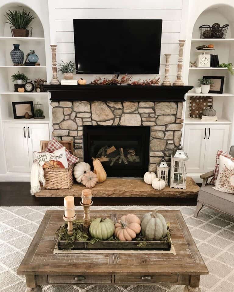 Rustic Coffee Table and Stone Fireplace