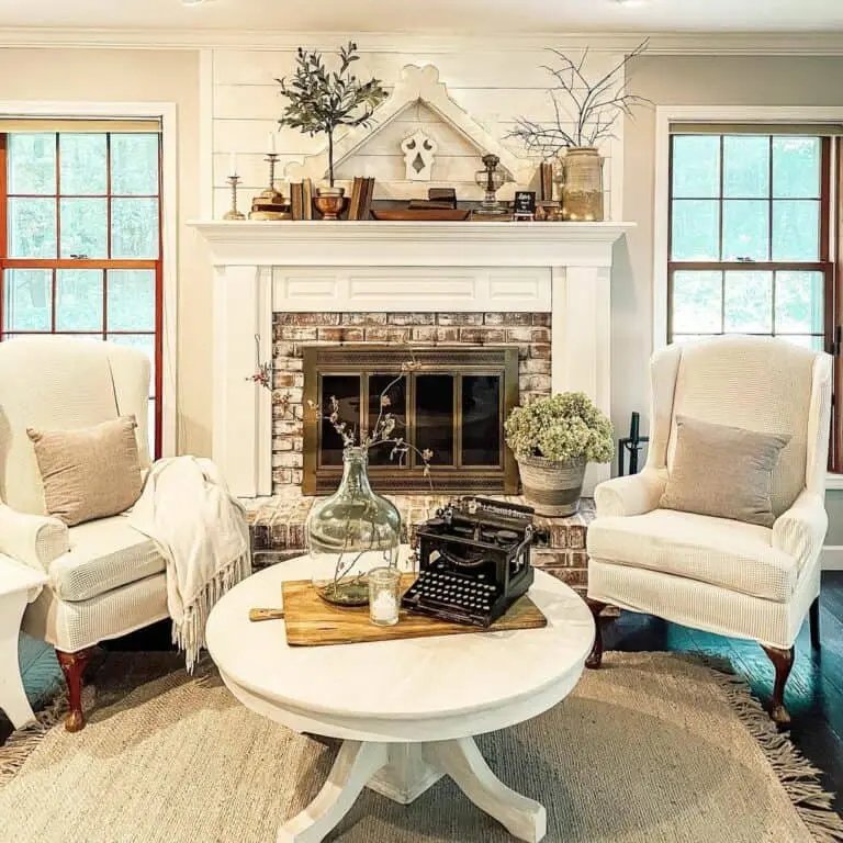 Tan Decor on Brick Fireplace