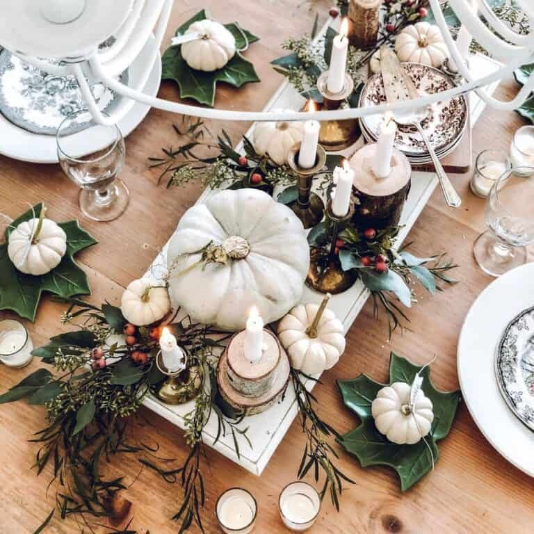 White and Green Pumpkin Table Setting