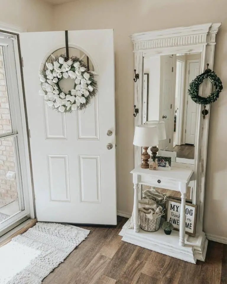 White Door with Flower Wreath