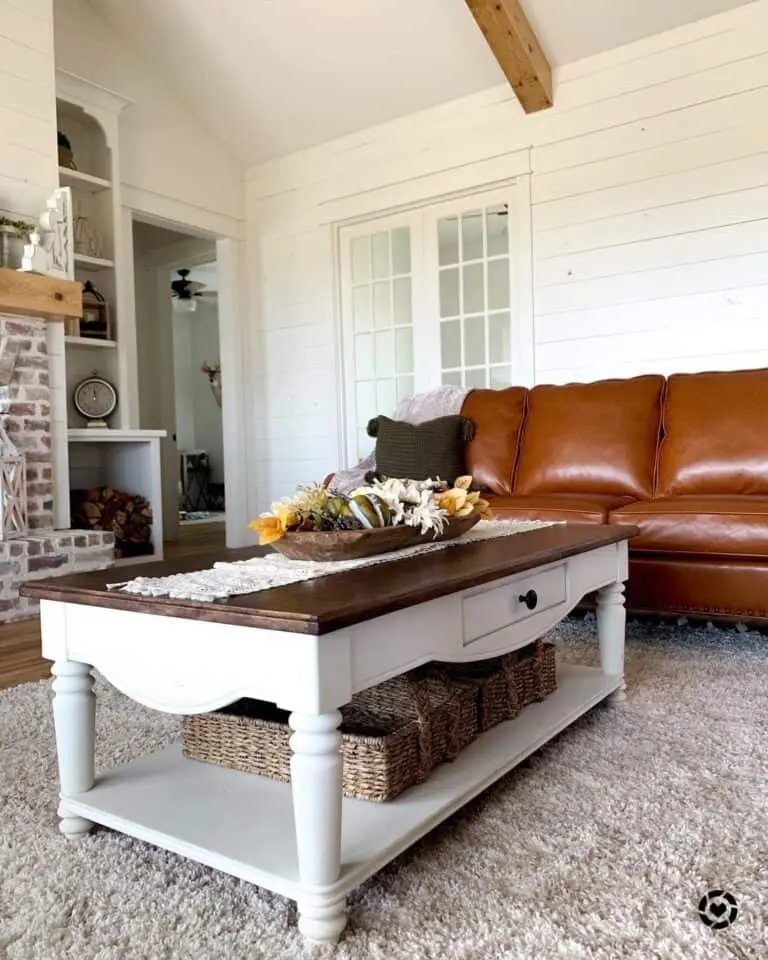 White Shiplap Room with Leather Sofa