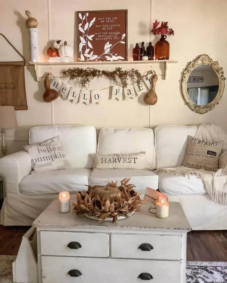 White Sofa with Fall Decor