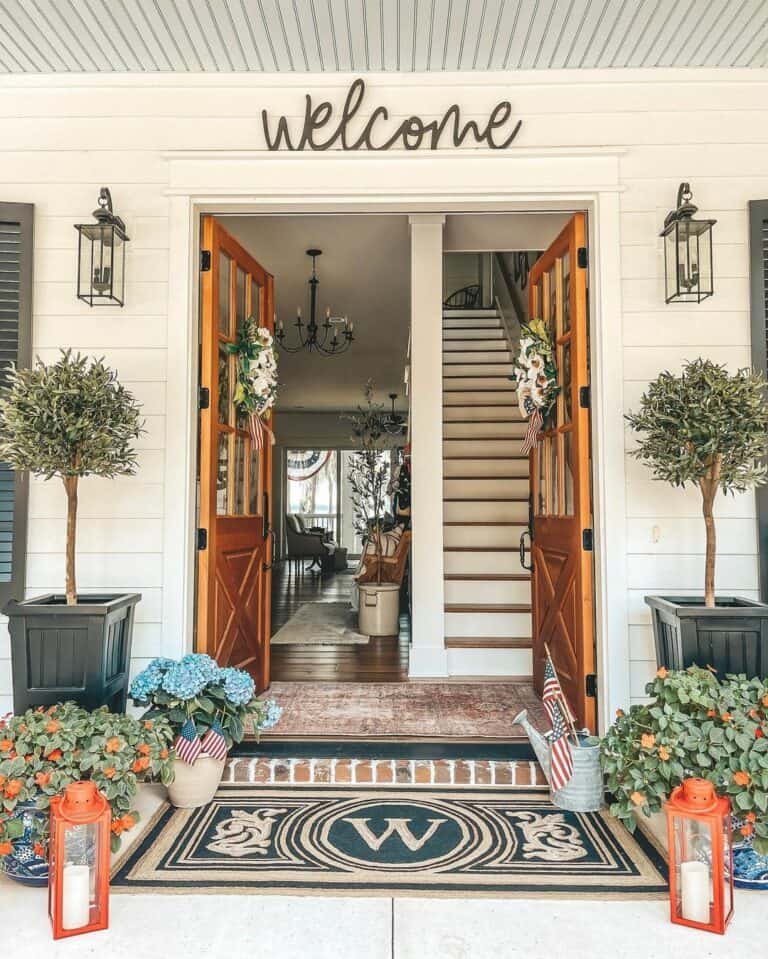 Wood Doors with White Wreaths