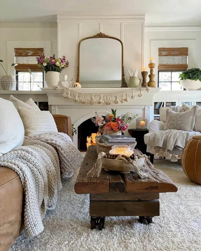Wooden Coffee Table by Fireplace