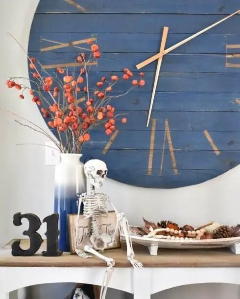 Rustic Side Table, Blue Clock