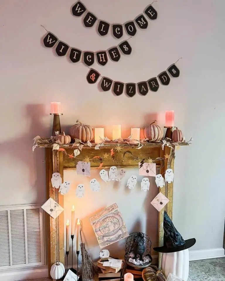 Soft Pink Halloween Mantel