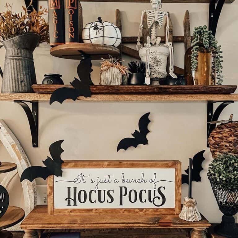 Wooden Shelves with Halloween Decor