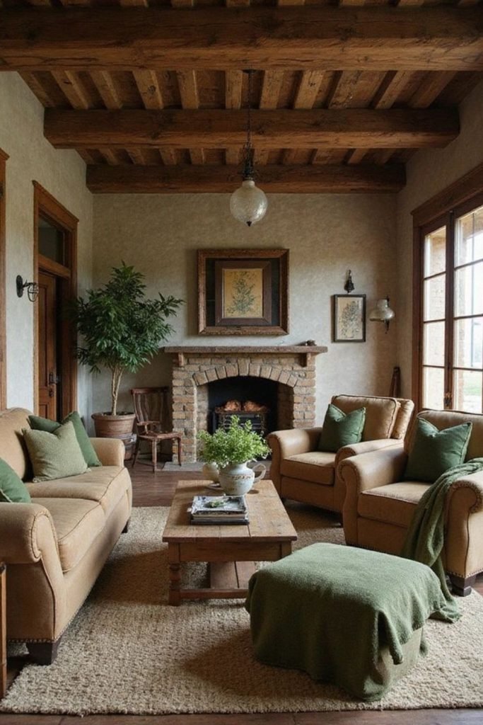 Brown Couch Fireplace